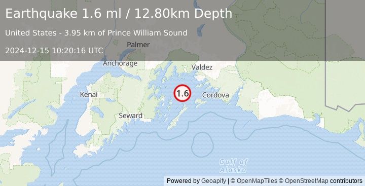 Earthquake 42 km SW of Tatitlek, Alaska (1.6 ml) (2024-12-15 10:20:16 UTC)