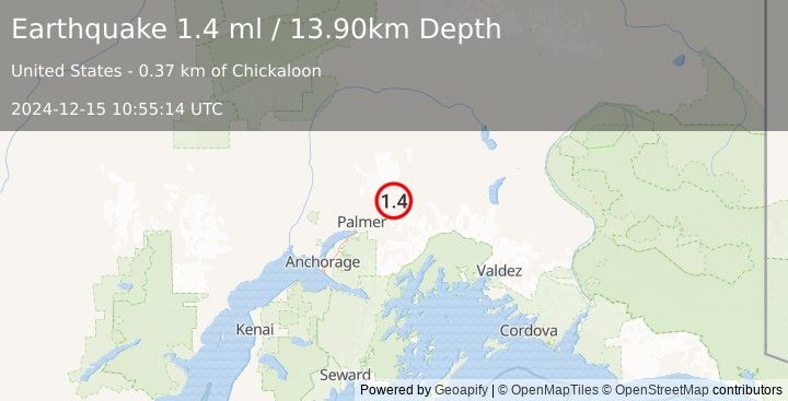 Earthquake 0 km N of Chickaloon, Alaska (1.4 ml) (2024-12-15 10:55:14 UTC)