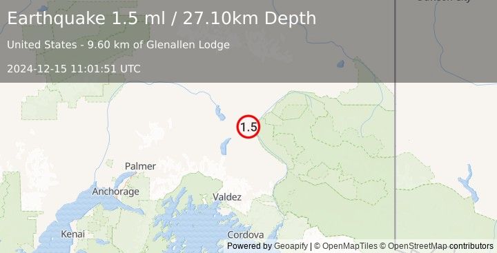 Earthquake 11 km NW of Glennallen, Alaska (1.5 ml) (2024-12-15 11:01:51 UTC)