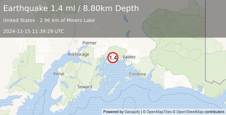 Earthquake 50 km WNW of Tatitlek, Alaska (1.4 ml) (2024-12-15 11:39:29 UTC)