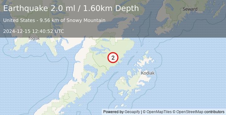 Earthquake 91 km NNW of Karluk, Alaska (2.0 ml) (2024-12-15 12:40:52 UTC)