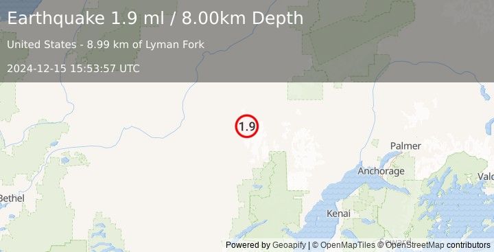 Earthquake 89 km NE of Lime Village, Alaska (1.9 ml) (2024-12-15 15:53:57 UTC)