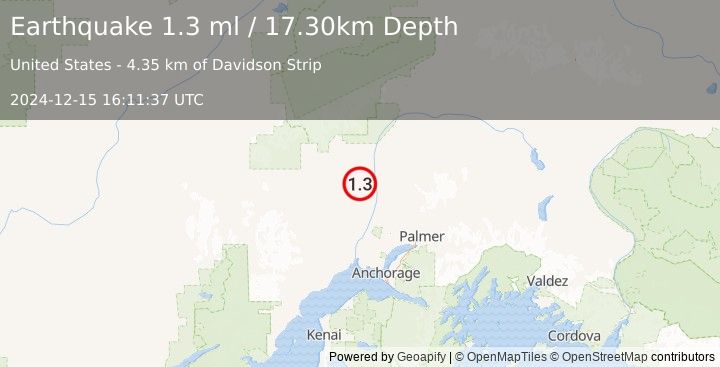 Earthquake 22 km SSW of Trapper Creek, Alaska (1.3 ml) (2024-12-15 16:11:37 UTC)