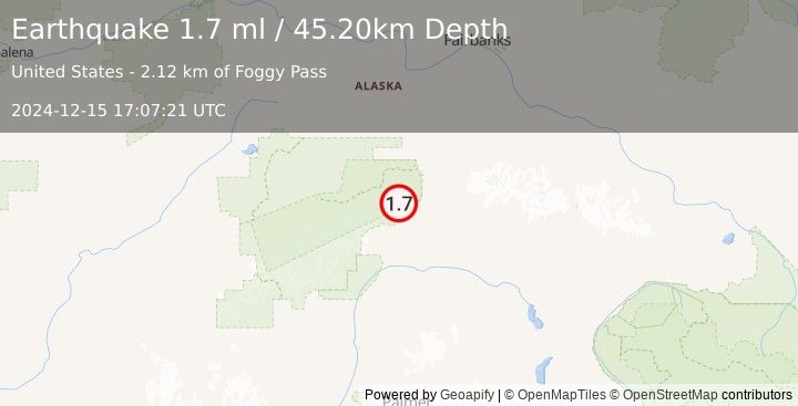 Earthquake 16 km WNW of Cantwell, Alaska (1.7 ml) (2024-12-15 17:07:21 UTC)