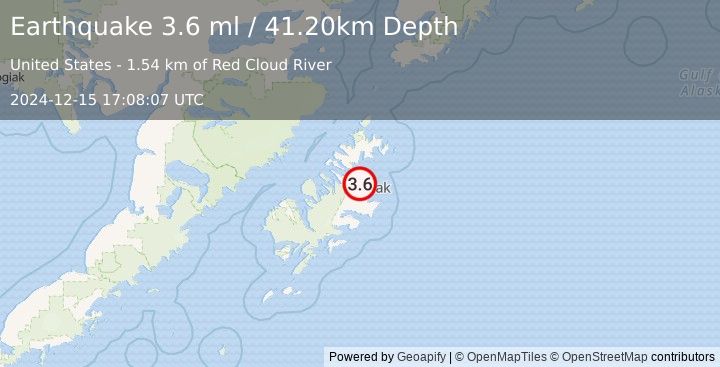 Earthquake 7 km N of Kodiak Station, Alaska (3.6 ml) (2024-12-15 17:08:07 UTC)