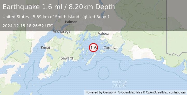 Earthquake 45 km SW of Tatitlek, Alaska (1.6 ml) (2024-12-15 18:26:52 UTC)