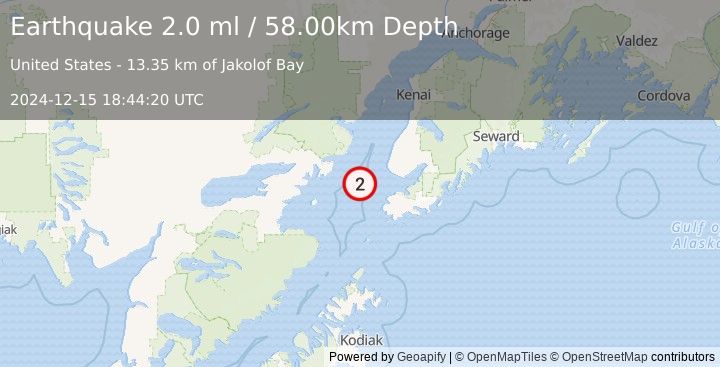 Earthquake 37 km NW of Nanwalek, Alaska (2.0 ml) (2024-12-15 18:44:20 UTC)