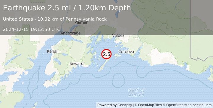 Earthquake 54 km SSW of Tatitlek, Alaska (2.5 ml) (2024-12-15 19:12:50 UTC)