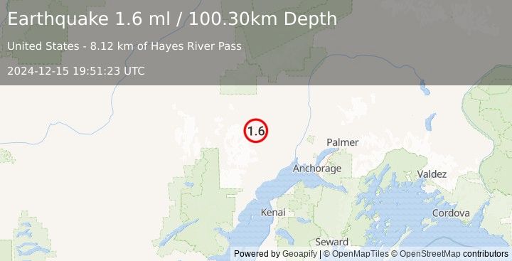 Earthquake 31 km SW of Skwentna, Alaska (1.6 ml) (2024-12-15 19:51:23 UTC)