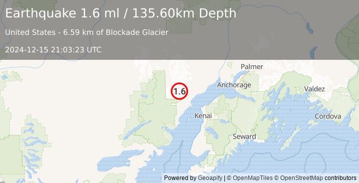 Earthquake 62 km W of Tyonek, Alaska (1.6 ml) (2024-12-15 21:03:23 UTC)