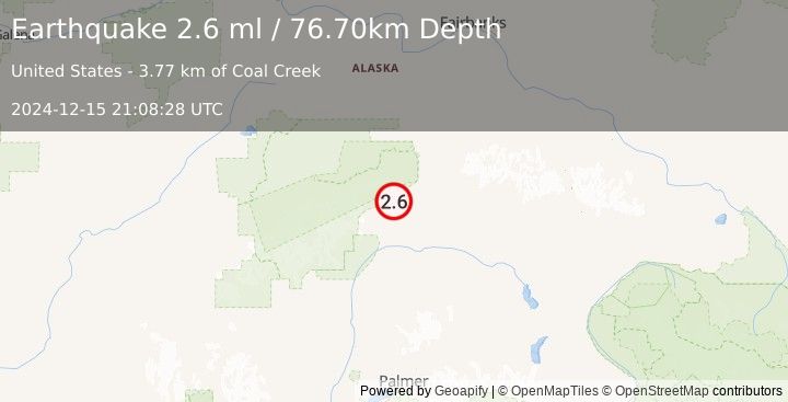 Earthquake 22 km SW of Cantwell, Alaska (2.6 ml) (2024-12-15 21:08:28 UTC)