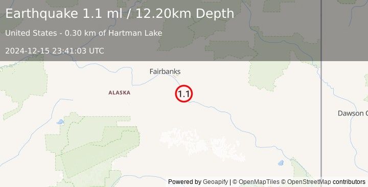 Earthquake 10 km S of Salcha, Alaska (1.1 ml) (2024-12-15 23:41:03 UTC)