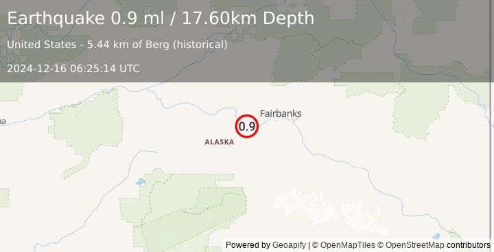 Earthquake 17 km ENE of Four Mile Road, Alaska (0.9 ml) (2024-12-16 06:25:14 UTC)