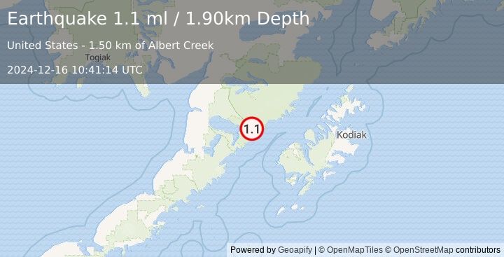 Earthquake 73 km WNW of Karluk, Alaska (1.1 ml) (2024-12-16 10:41:14 UTC)