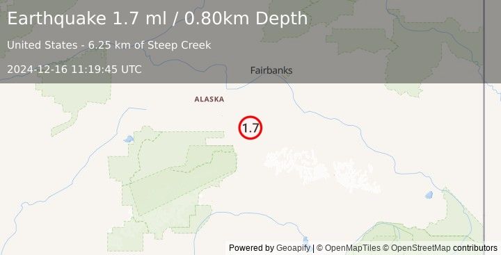 Earthquake 36 km NE of Healy, Alaska (1.7 ml) (2024-12-16 11:19:45 UTC)