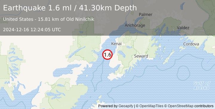 Earthquake 17 km NW of Ninilchik, Alaska (1.6 ml) (2024-12-16 12:24:05 UTC)