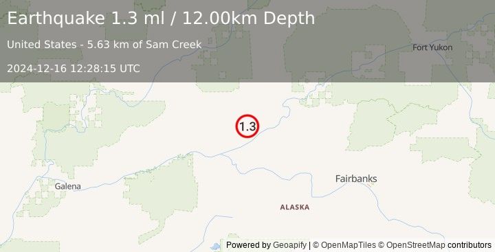 Earthquake 47 km W of Rampart, Alaska (1.3 ml) (2024-12-16 12:28:15 UTC)