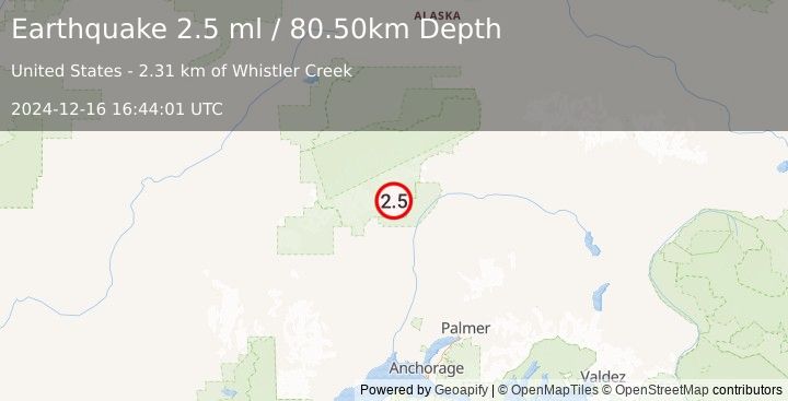 Earthquake 34 km NNE of Petersville, Alaska (2.5 ml) (2024-12-16 16:44:01 UTC)