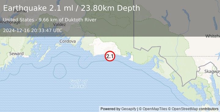 Earthquake 158 km S of McCarthy, Alaska (2.1 ml) (2024-12-16 20:33:47 UTC)