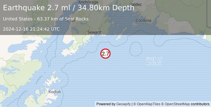 Earthquake 92 km SSW of Chenega, Alaska (2.7 ml) (2024-12-16 21:24:42 UTC)