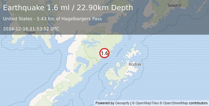 Earthquake 76 km NNW of Karluk, Alaska (1.6 ml) (2024-12-16 21:53:52 UTC)