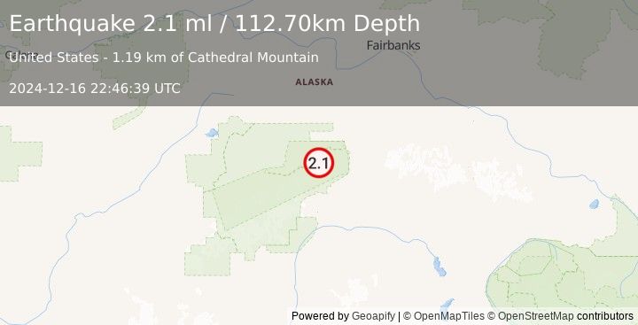 Earthquake 36 km WNW of Cantwell, Alaska (2.1 ml) (2024-12-16 22:46:39 UTC)