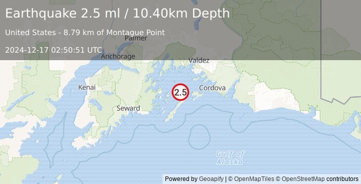 Earthquake 53 km SSW of Tatitlek, Alaska (2.5 ml) (2024-12-17 02:50:51 UTC)