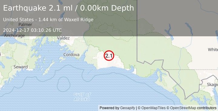 Earthquake 103 km S of McCarthy, Alaska (2.1 ml) (2024-12-17 03:10:26 UTC)