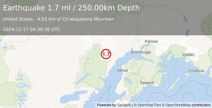 Earthquake 73 km W of Tyonek, Alaska (1.7 ml) (2024-12-17 04:30:36 UTC)