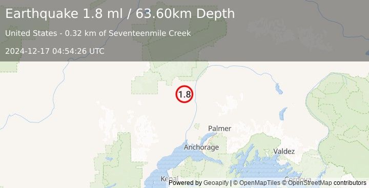 Earthquake 20 km W of Trapper Creek, Alaska (1.8 ml) (2024-12-17 04:54:26 UTC)