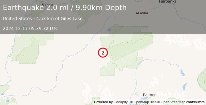 Earthquake 67 km SW of Denali National Park, Alaska (2.0 ml) (2024-12-17 05:39:32 UTC)