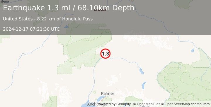 Earthquake 46 km SSW of Cantwell, Alaska (1.3 ml) (2024-12-17 07:21:30 UTC)