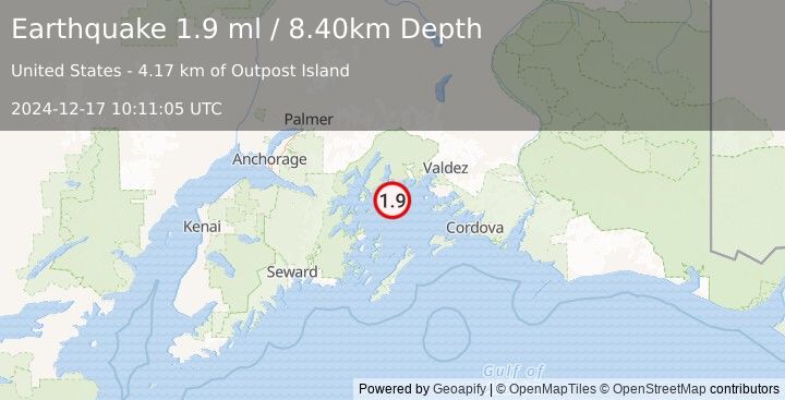 Earthquake 40 km W of Tatitlek, Alaska (1.9 ml) (2024-12-17 10:11:05 UTC)