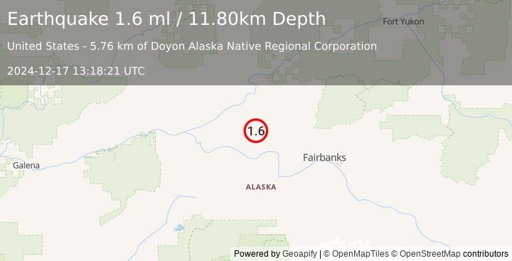 Earthquake 22 km W of Minto, Alaska (1.6 ml) (2024-12-17 13:18:21 UTC)