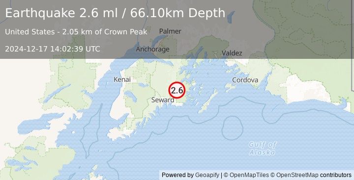 Earthquake 29 km E of Primrose, Alaska (2.6 ml) (2024-12-17 14:02:39 UTC)