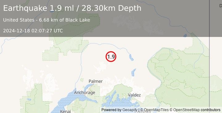 Earthquake 69 km NW of Eureka Roadhouse, Alaska (1.9 ml) (2024-12-18 02:07:27 UTC)