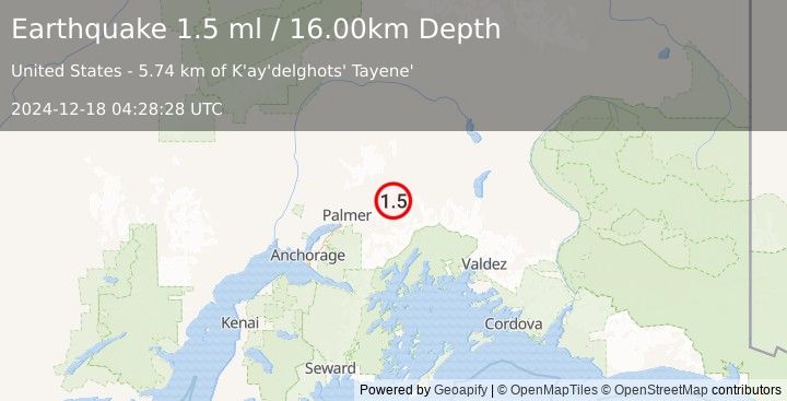 Earthquake 16 km ESE of Chickaloon, Alaska (1.5 ml) (2024-12-18 04:28:28 UTC)