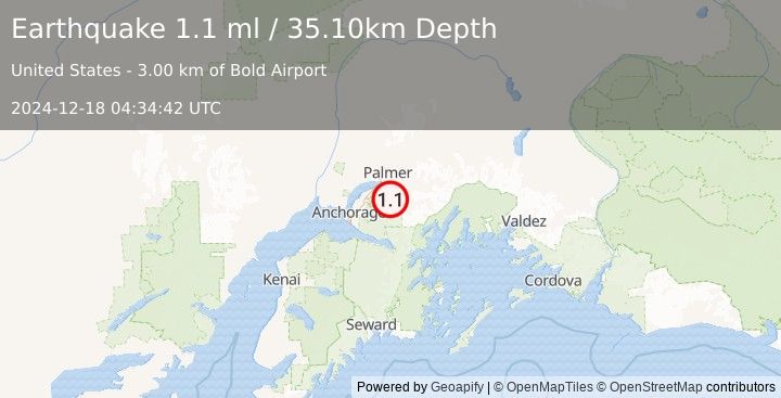 Earthquake 15 km SSW of Knik River, Alaska (1.1 ml) (2024-12-18 04:34:42 UTC)