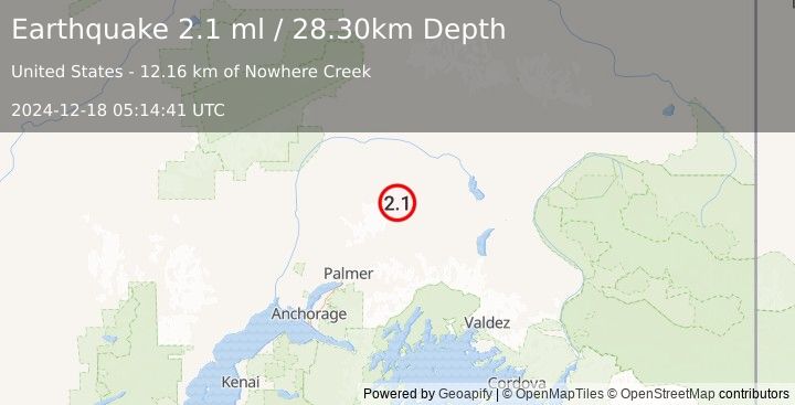 Earthquake 54 km NNE of Chickaloon, Alaska (2.1 ml) (2024-12-18 05:14:41 UTC)