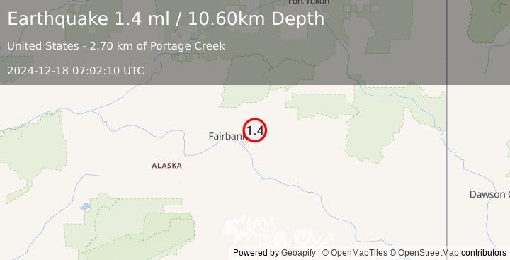 Earthquake 5 km NW of Pleasant Valley, Alaska (1.4 ml) (2024-12-18 07:02:10 UTC)