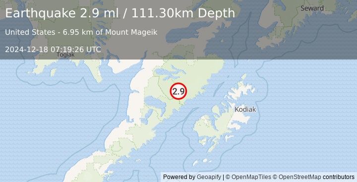 Earthquake 90 km NW of Karluk, Alaska (2.9 ml) (2024-12-18 07:19:26 UTC)