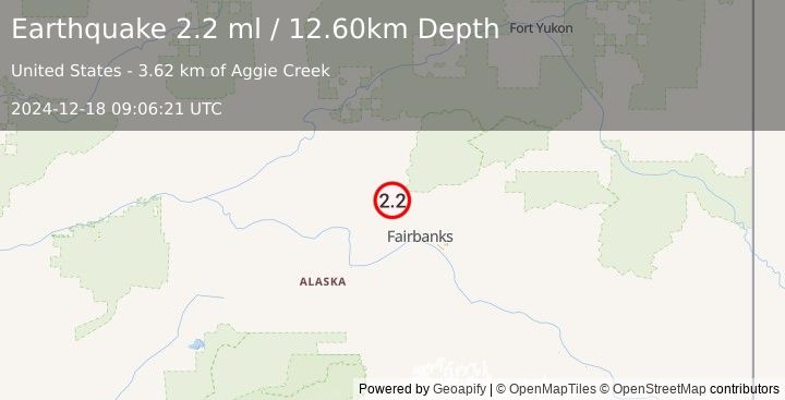 Earthquake 35 km NNW of Ester, Alaska (2.2 ml) (2024-12-18 09:06:21 UTC)