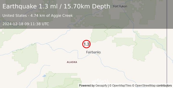 Earthquake 37 km NNW of Ester, Alaska (1.3 ml) (2024-12-18 09:11:38 UTC)