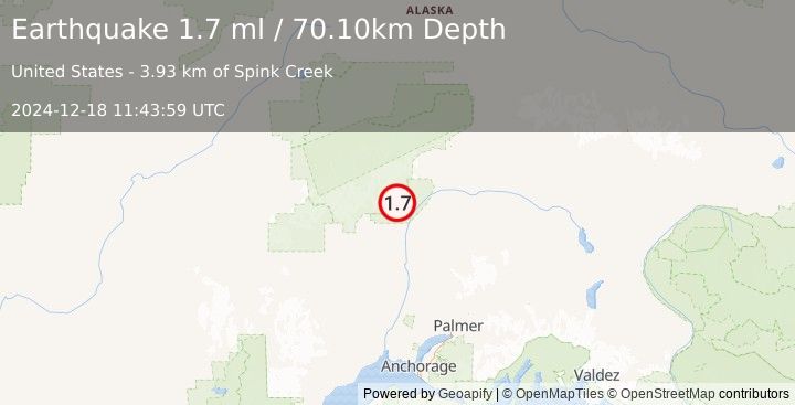 Earthquake 34 km NNW of Chase, Alaska (1.7 ml) (2024-12-18 11:43:59 UTC)