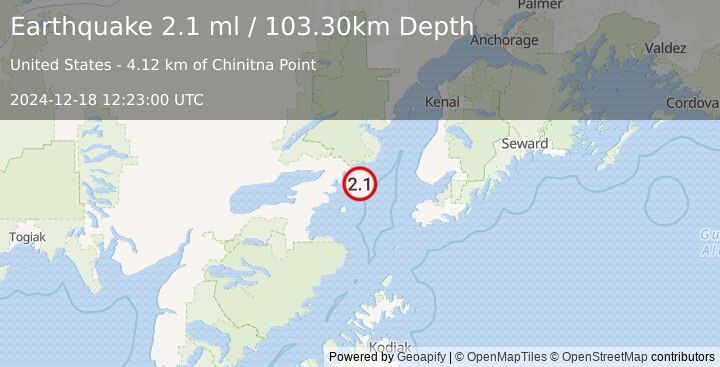 Earthquake 60 km ESE of Pedro Bay, Alaska (2.1 ml) (2024-12-18 12:23:00 UTC)