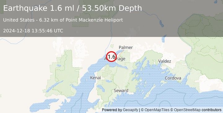 Earthquake 11 km SW of Point MacKenzie, Alaska (1.6 ml) (2024-12-18 13:55:46 UTC)