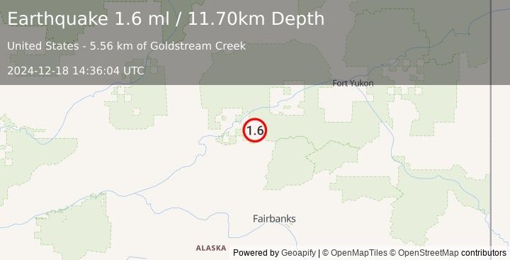 Earthquake 35 km E of Stevens Village, Alaska (1.6 ml) (2024-12-18 14:36:04 UTC)