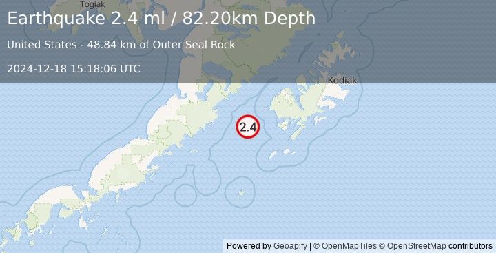 Earthquake 75 km W of Akhiok, Alaska (2.4 ml) (2024-12-18 15:18:06 UTC)