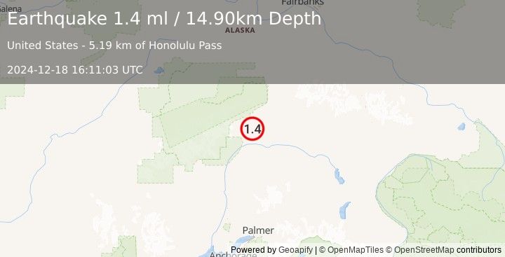 Earthquake 38 km SSW of Cantwell, Alaska (1.4 ml) (2024-12-18 16:11:03 UTC)