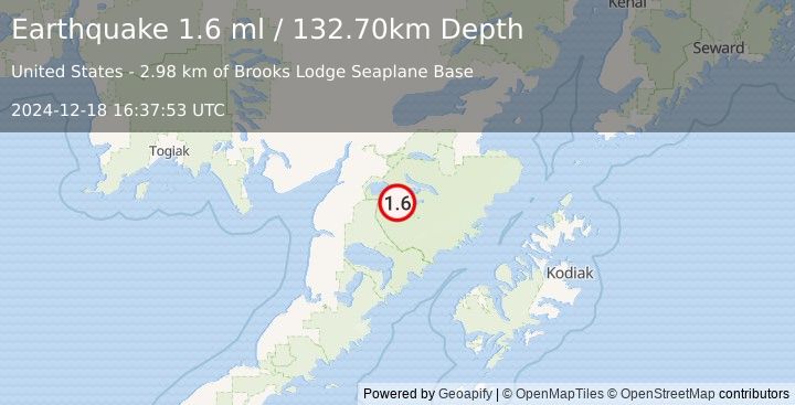 Earthquake 51 km ESE of King Salmon, Alaska (1.6 ml) (2024-12-18 16:37:53 UTC)